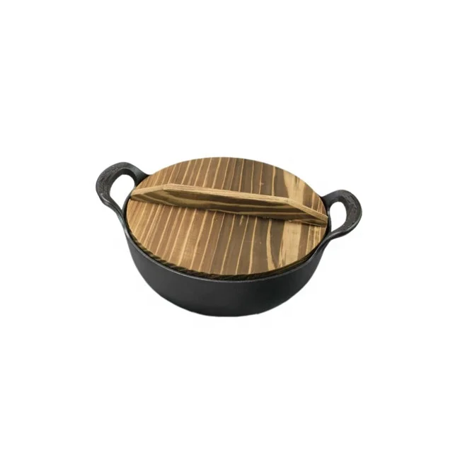 Wholesale Factory Stock 20cm Double Iron Handle Cast iron Casserole Cooking Pot With Wood Lid For Home Restaurant Cooking