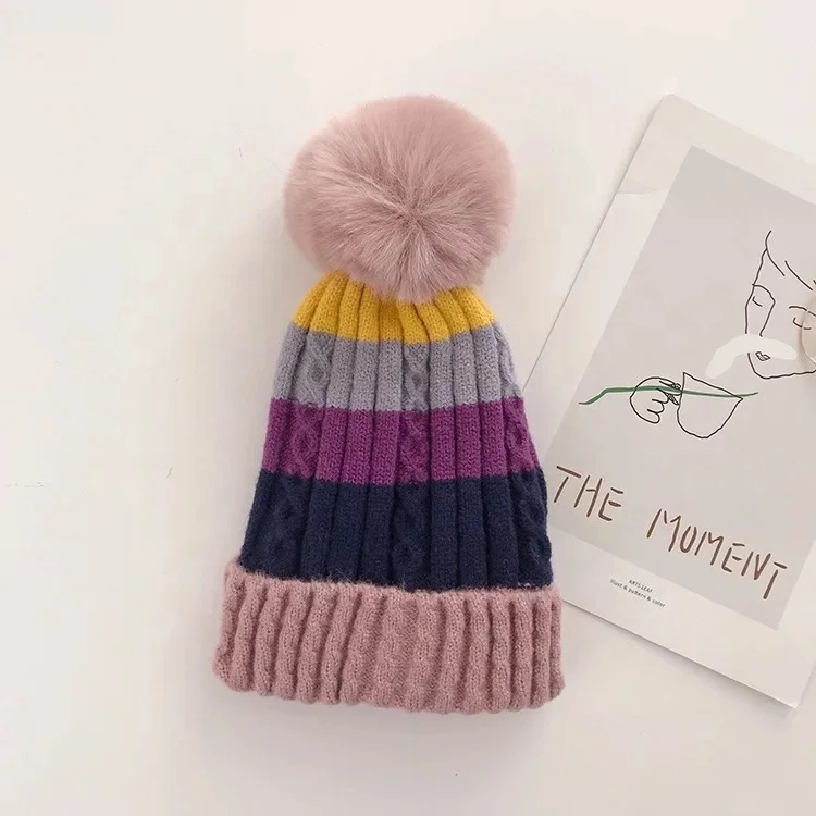 KENSHELLEY Amazon High Quality Winter Hat Women Luxury Mixed Color Beanie Hat Thicken Wool  Cable Knitted Beanie With Lining