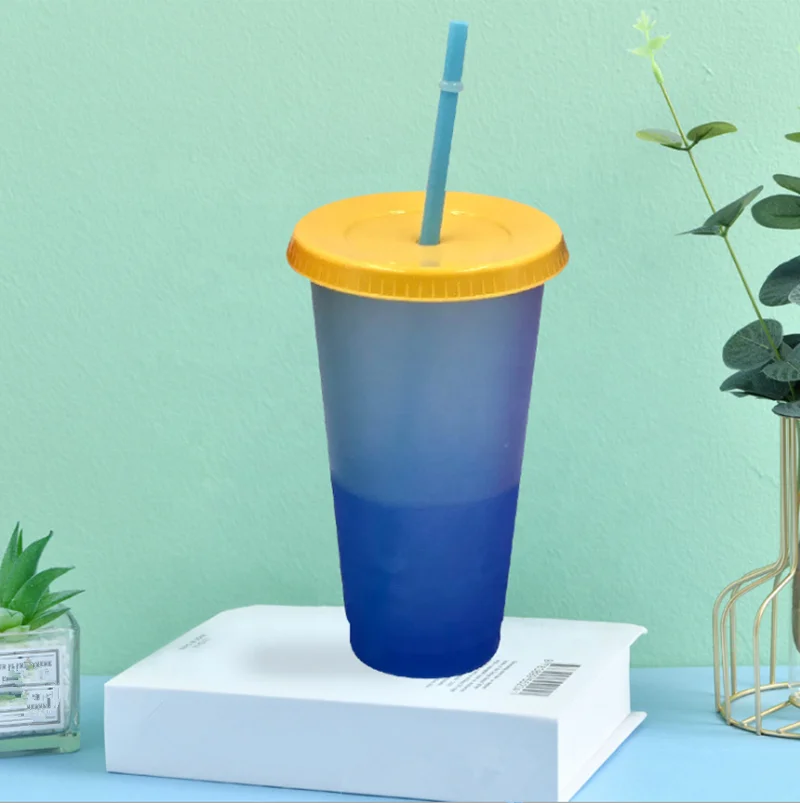 Hot sale Custom Temperature Liquid Magic Color Changing Coffee Water Mug with Straw 710 ml Reusable Plastic