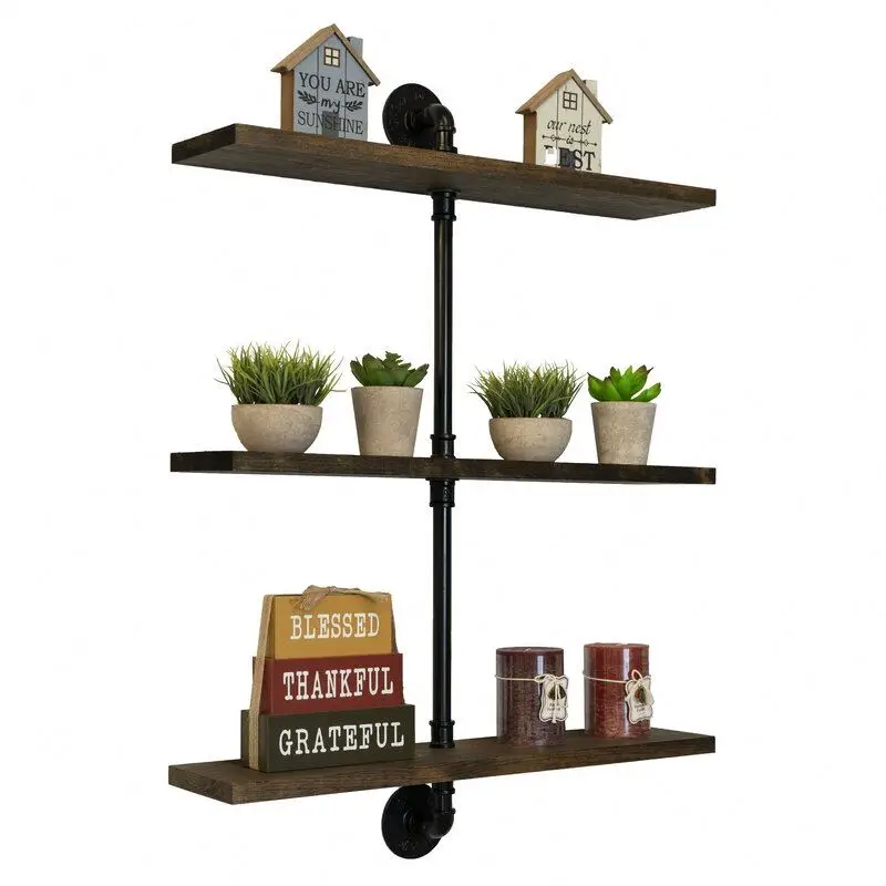 
High quality 3-tier metal pipe wood wall shelf for living room 