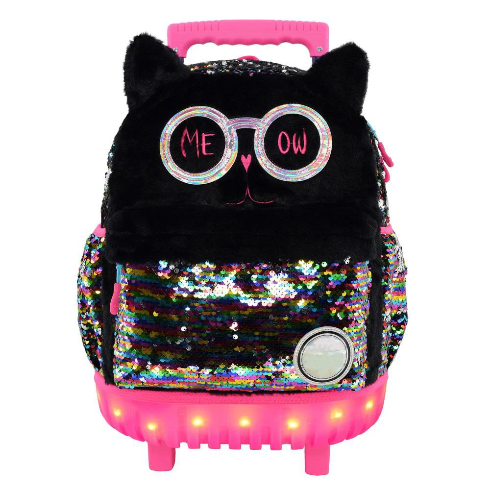 Stylish quality children plush animal sequin cute kids trolley rolling school bag  backpack with LED lights for school girls