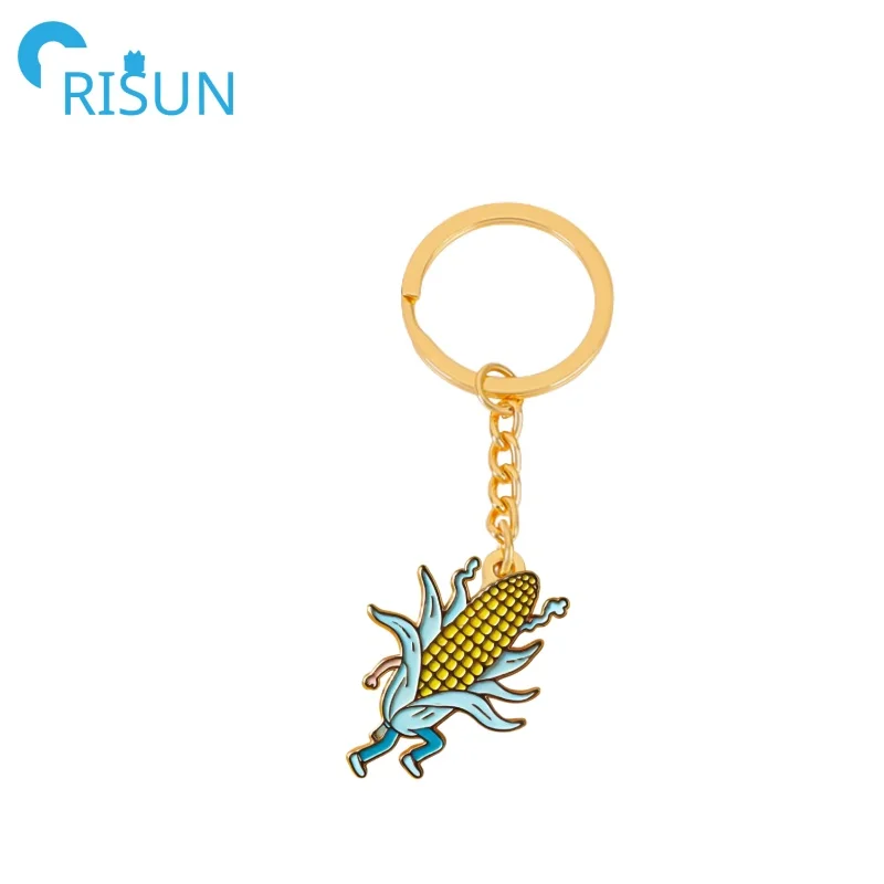 Manufacture Metal Glitter Corn Strip Key Chain Llavero Custom Golden Ear of Corn Corncob Keyring Tasty Gold Corn Enamel Keychain