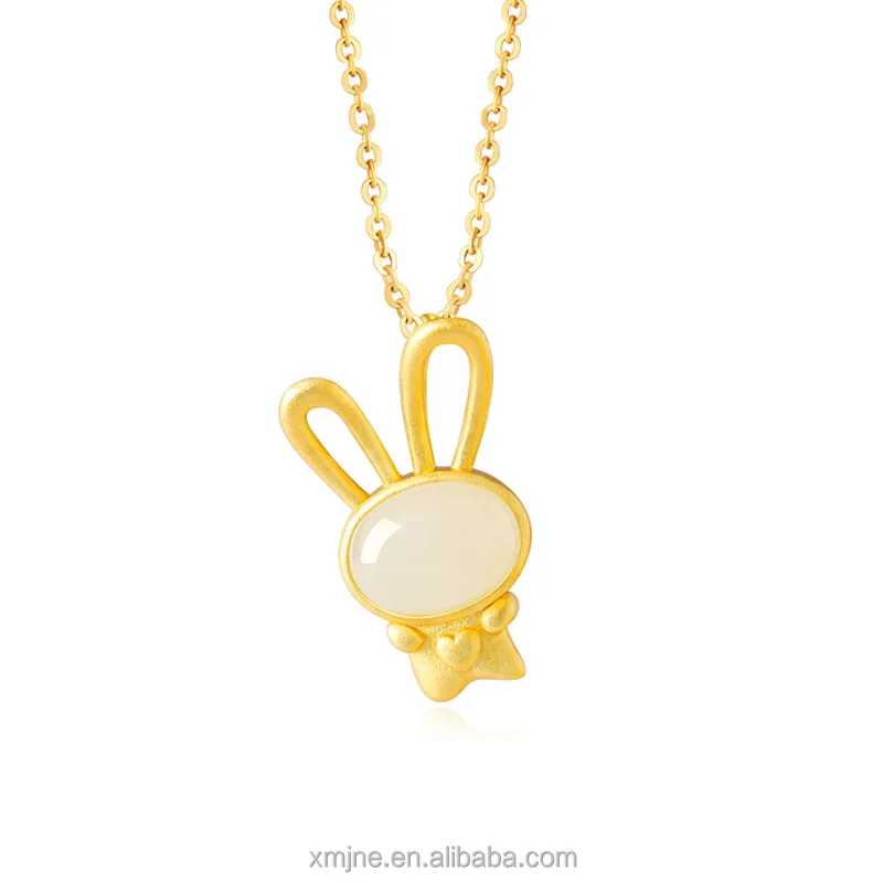 Certified Ancient Method S925 Silver Gold-Plated Jade Zodiac Moon Rabbit Pendant Hetian Jade Love Cute Rabbit Necklace Female