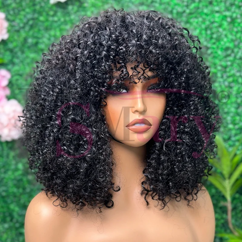 Cheap SDD super double drawn 100% human hair vendors afro kinky curl 300% density short fringe wigs with for black women