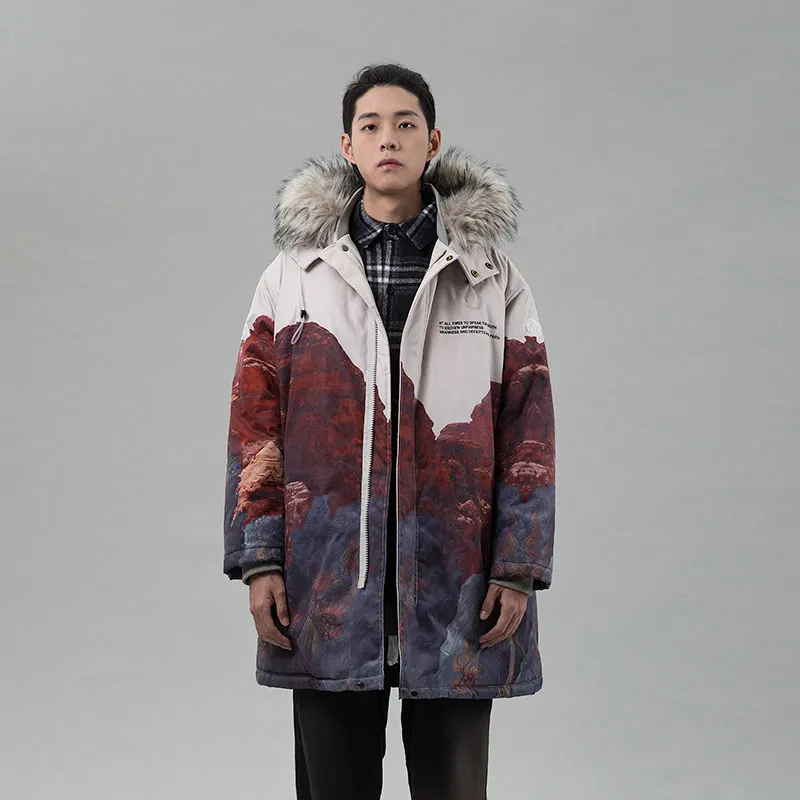 Custom Unisex Snow Coat Casual Winter Windbreaker Streetwear Thick Faux Fur Collar Cotton Padded Puffer Long Parkas Jacket Men