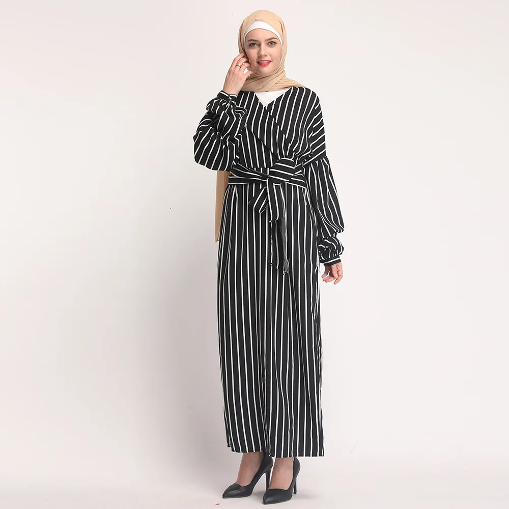 Мусульманское Полосатое платье на шнуровке с пышными рукавами, длинное платье с эластичными манжетами, Полосатое Платье на шнуровке