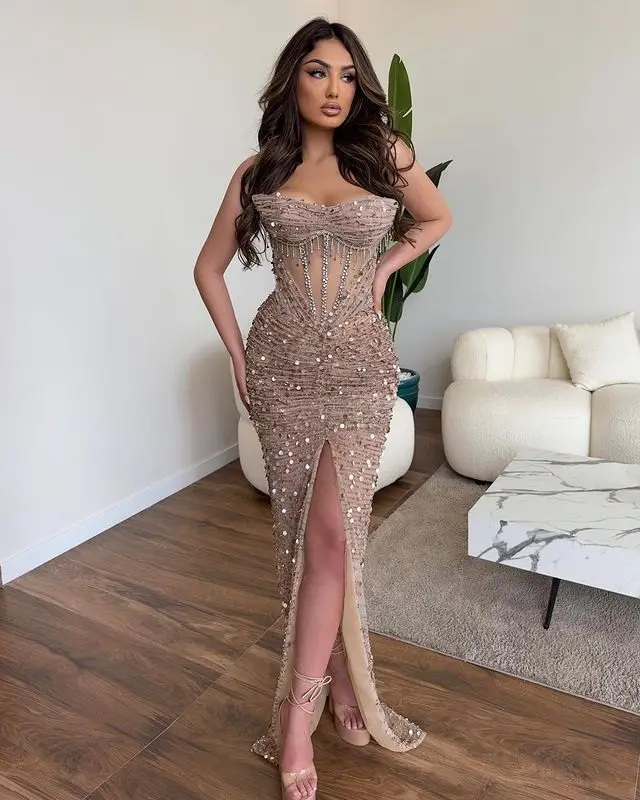 2024 Woman Front Slit Sequin Bead Luxuries Evening Dresses Off The Shoulder Hollow out Tassel Gown Prom Dresses