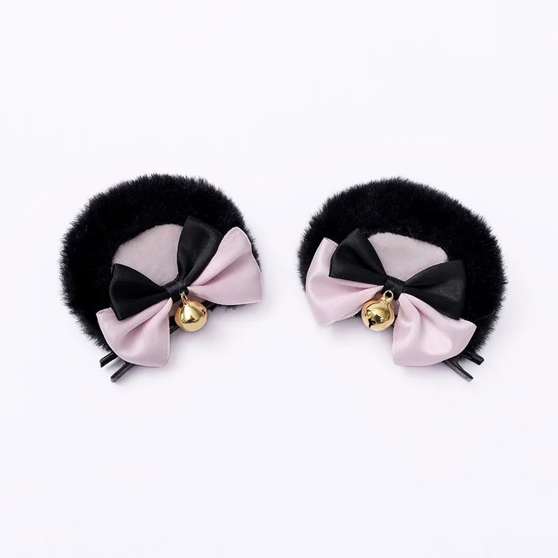 Bear Ears Hair Clips Faux Fur Sweet Double Bowknot Bell Plush Animal Hairpins Anime Lolita Kawaii Cosplay Decor