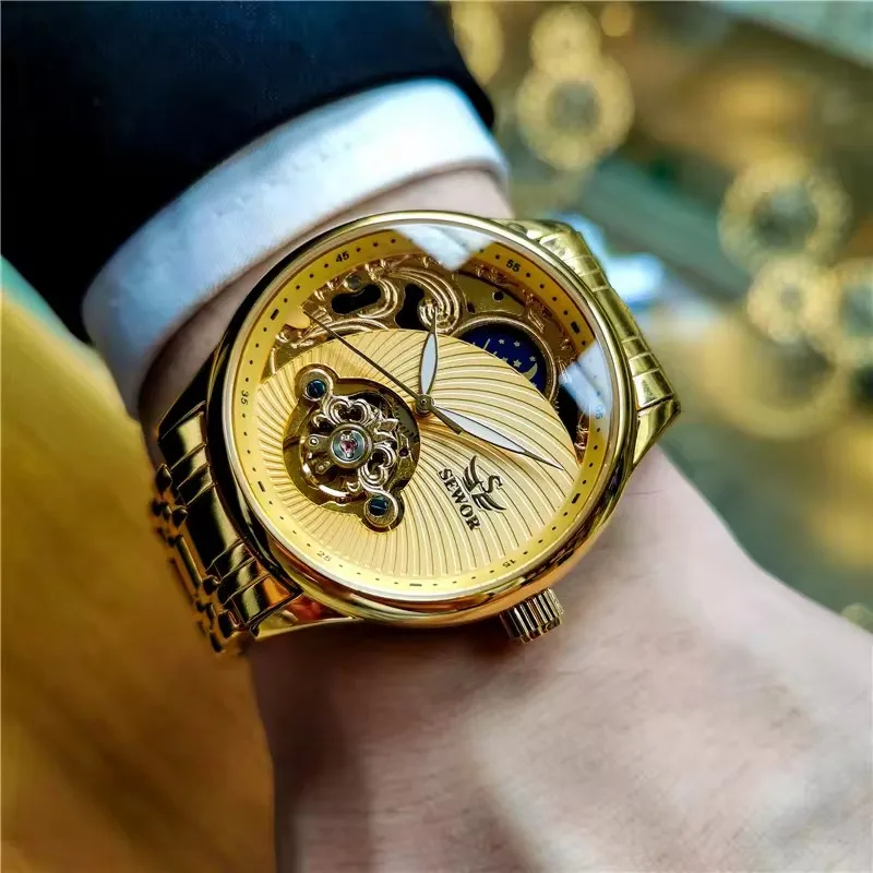 SEWOR 1923-3 Men Watch Skeleton Automatic Mechanical quartz Gold Skeleton Man Watch Top Brand Luxury Sport Watch For Men