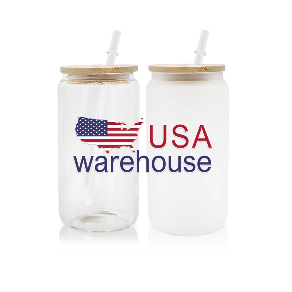 Hot Sale US Warehouse Frosted clear beer can Shaped Soda glass 12oz 16oz with bamboo lid and straw wholesale