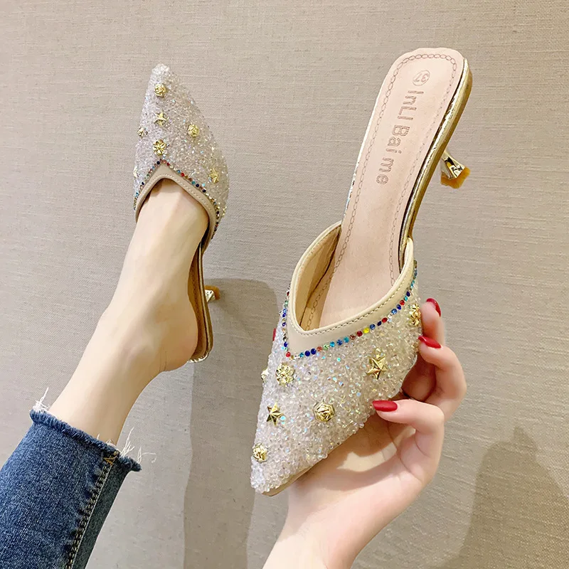 Fashion Summer And Autumn Women Pumps Low Heel Flat Pointed Toe Pearl Rhinestone Solid Color Half Slippers Mules