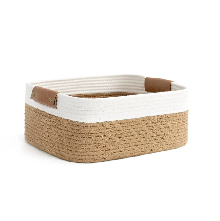 Rectangle Cotton Rope Woven Basket with Handles for Books Magazines Toys - Decorative Rectangle Basket for Baby Nursery
