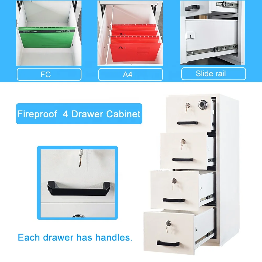 Four Drawer Metal Lateral File Cabinet Vertical 4 Drawer Fireproof File Cabinet Steel Filing Cabinet with Lock