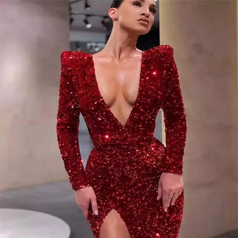 Sparkly Red Evening Gowns Sexy Deep V Neck Long Sleeve Sequins Prom Dress Ruffle High Thigh Split Evening Dress
