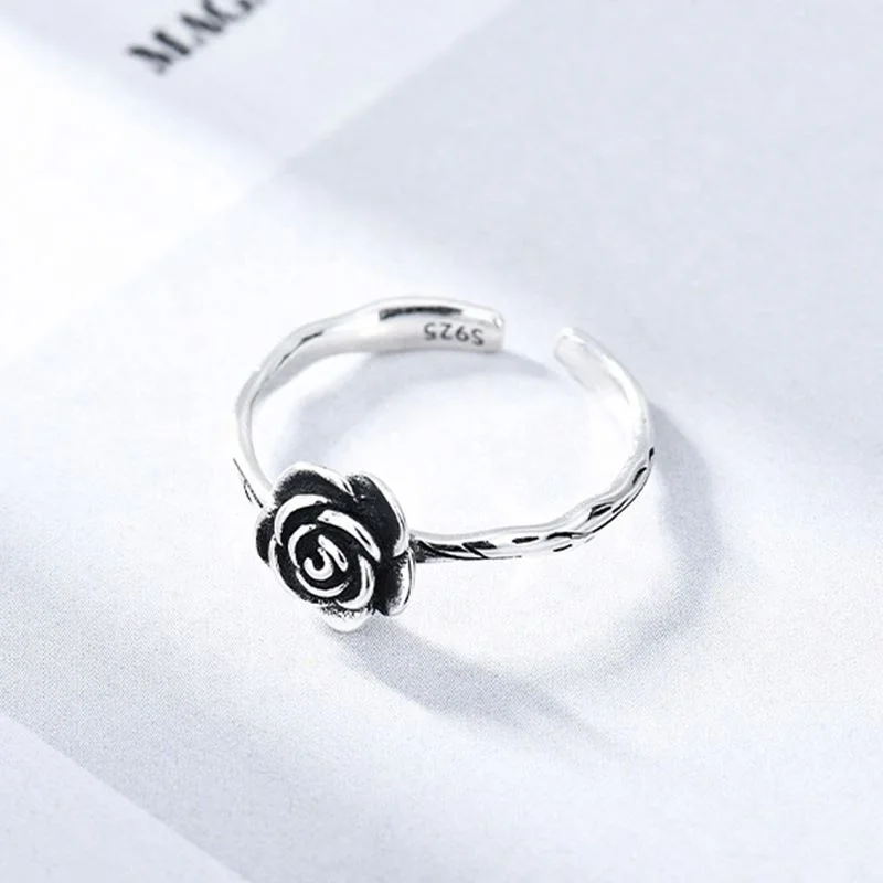 Silver 925 Unique Ring Design Vintage Oxidized Silver Band Ring Rose Flower Ring
