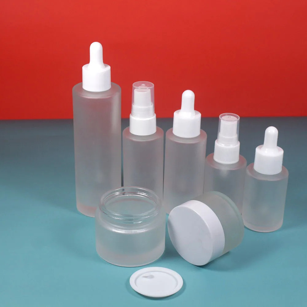 20 30 40 50 60 80 100ml frosted glass spray bottle with white plastic lid cosmetic skin cream lotion pump container packaging