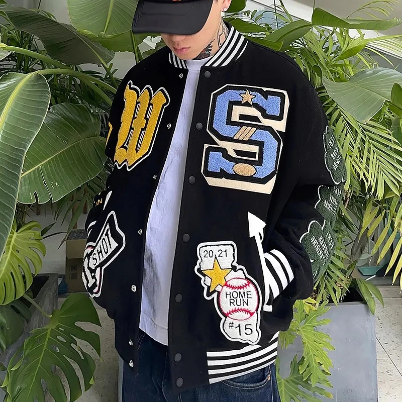 Streetwear Patches Fleece Letterman Jacket For Men Manufacturers Custom Embroidery Patches Baseball Unisex Bomber Varsity Jacket