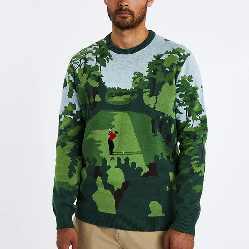 HUIFAN Custom Logo Men Sweater Jacquard Pattern knitwear Winter Cotton Knit Top Designer Crewneck Golf Knitted Sweater Men