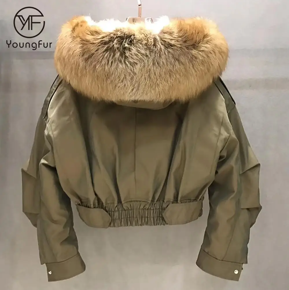 New Style Army Green Women Cropped Fur Parka Jacket with Red Fox Fur Trim Winter Ladies Fur Coat Parka