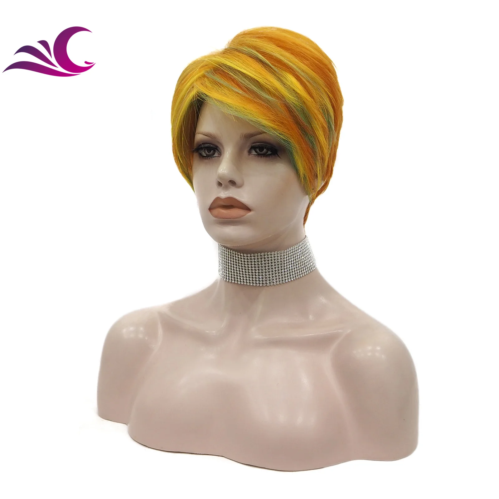 Celebrity Cosplay Wig Orange Mix Green Color Short Synthetic Wigs High Temperature Wholesale Synthetic Hair Wigs