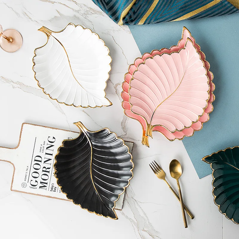 Unique fruit salad dishes leaf shaped ceramic dessert plate gold rim serving plates set for home decor