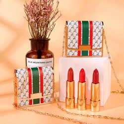 hit color leather bag shape lipstick gift box three colors long-lasting makeup private label waterproof velvet lipstick