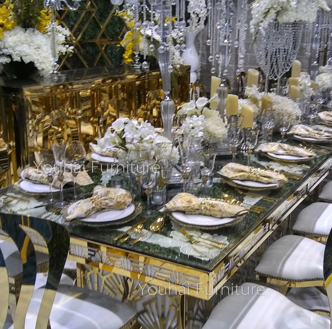 
Party rectangle gold stainless steel base led color changing light wedding table 