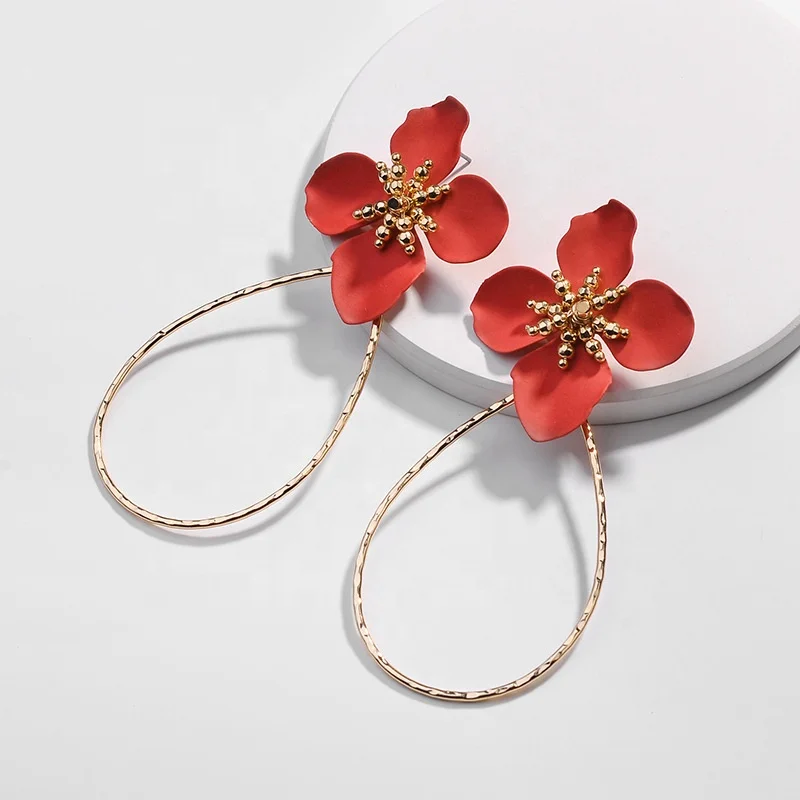 E9002 enamel drop 2 flower wire earring Hawaiian gold jewelry wholesale earring set stud hoop earring 14k gold for woman girl