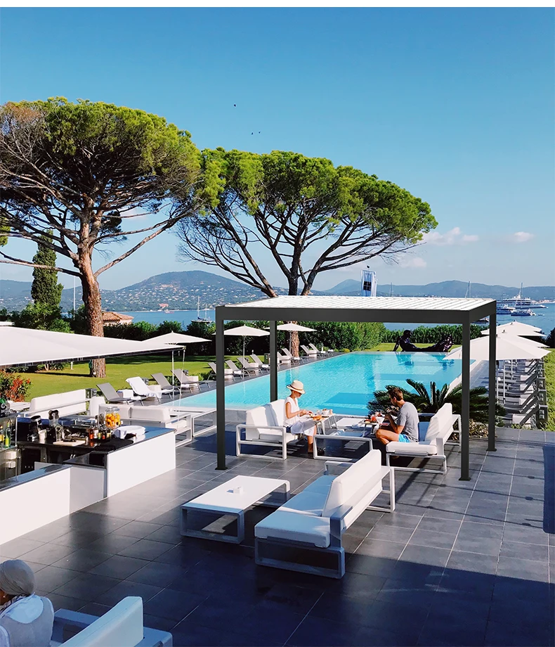 Terrace roof garden gazebo metal aluminium pergola bioclimatic with glass sliding doors