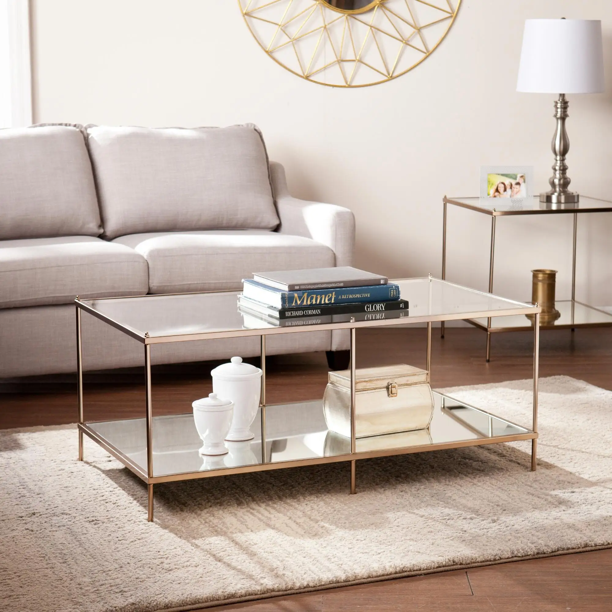 Modern glass top gold stainless steel Living Room Furniture side table And Glass Aurora side Table With Shelf