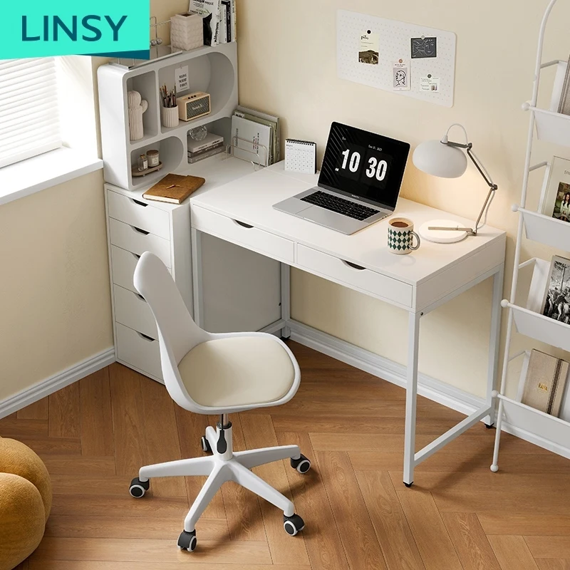 LINSY Computer desk with 2 drawer study table desk computer white writing desk