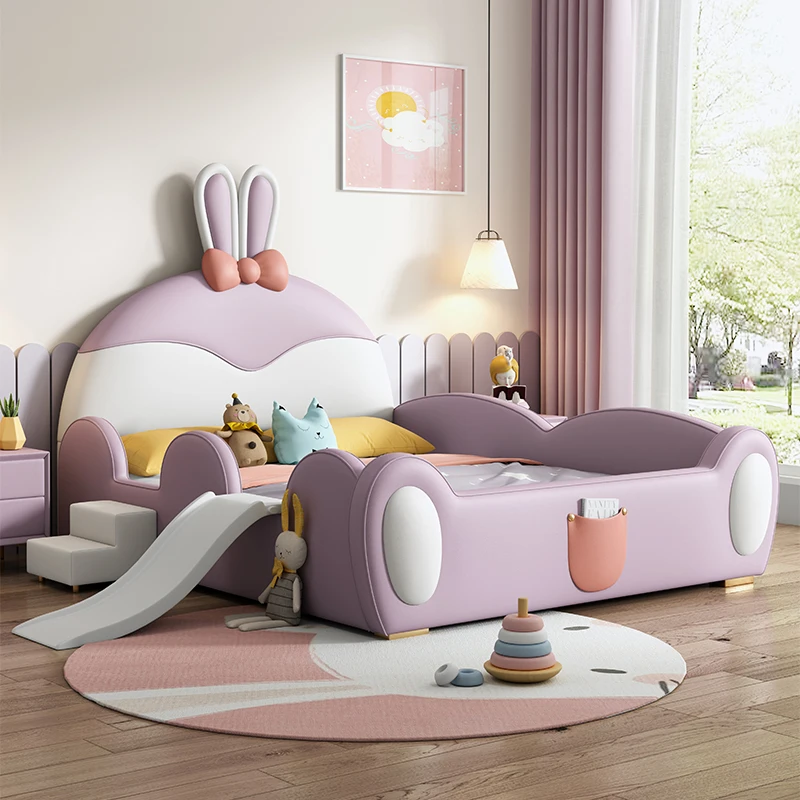 Modern Simple Rabbit Princess Bed for Kids 1.5m Bed with Guardrail Silicone Leather Bed Children Babies Bedroom Hotel Made Wood