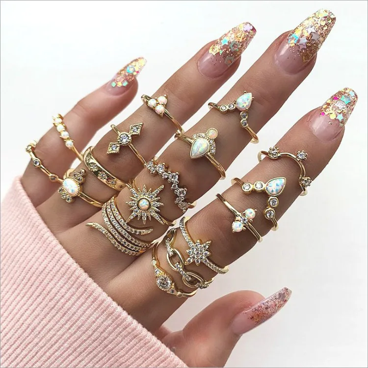 2023 Amazon Foreign Trade New Style European and American Bohemian Style Ring 17-piece Diamond Set Ring Jewelry