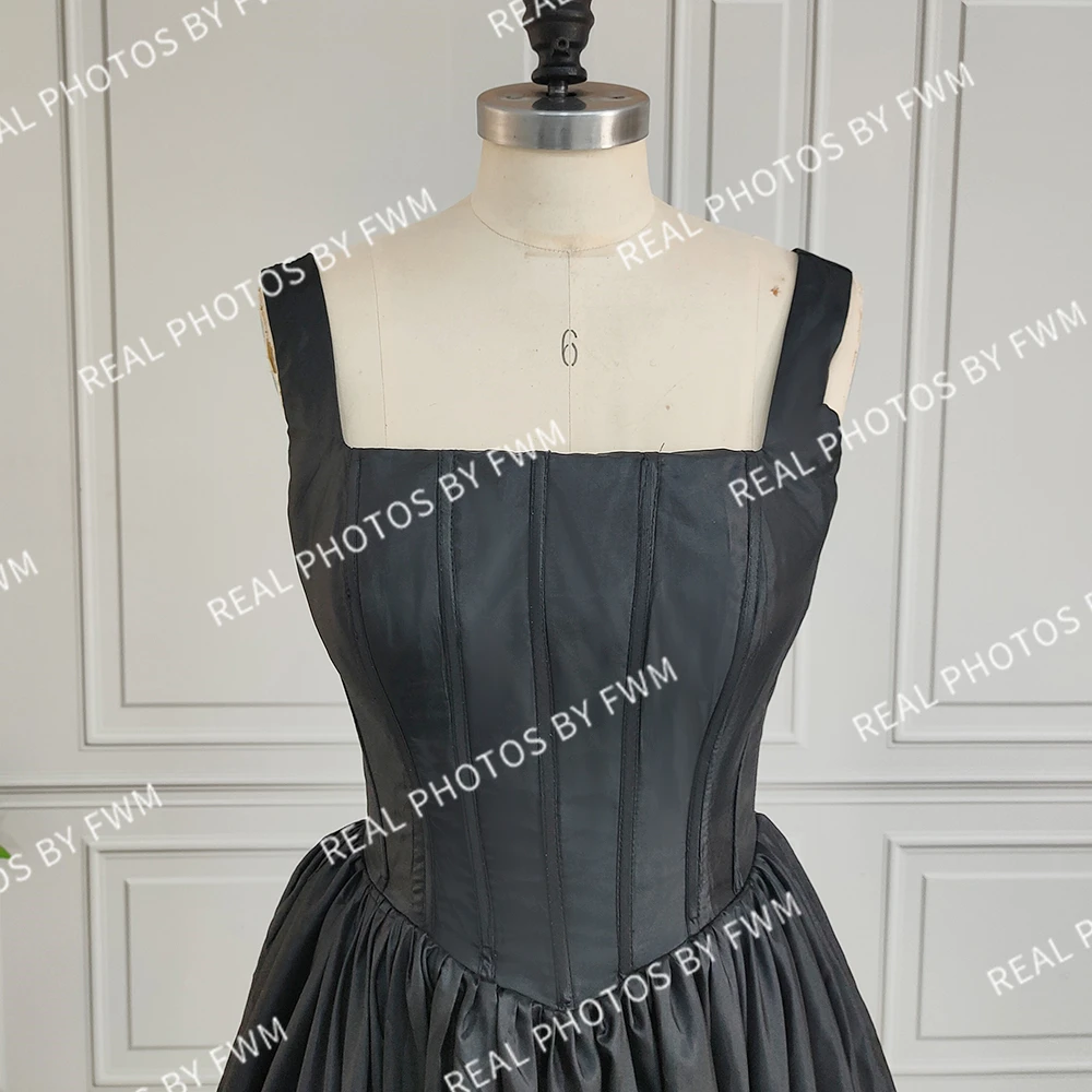 100% Настоящее фото высококачественное черное свадебное платье трапециевидной формы с квадратным воротником для невесты 2024 корсет на спине вечернее макси без рукавов