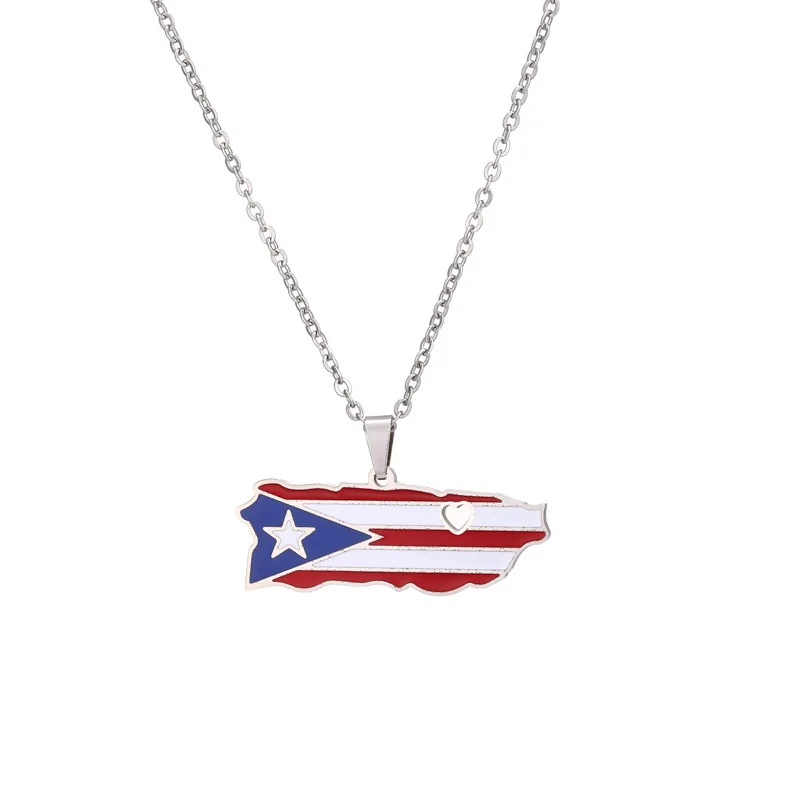 Stainless Steel Enamel Puerto Rico Map Pendant Chain Men Women Puerto Ricans PR Heart Map Necklace