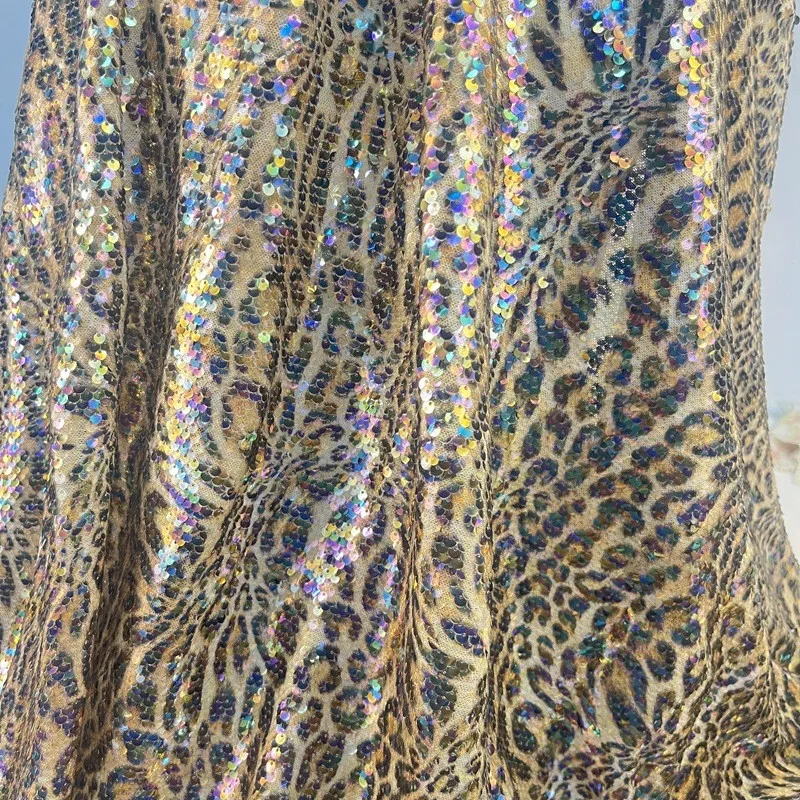 LIHUAN Leopard Tiger Digital Printing Sequin Embroidery Fabric Polyester Lace Net Recycled Stretch Mesh Sequin Fabric For Dress