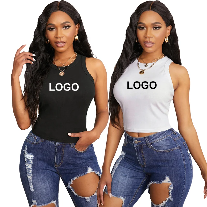  custom your own rhinestone design knitted crop tank tops sleeveless o-neck flexible slim Women