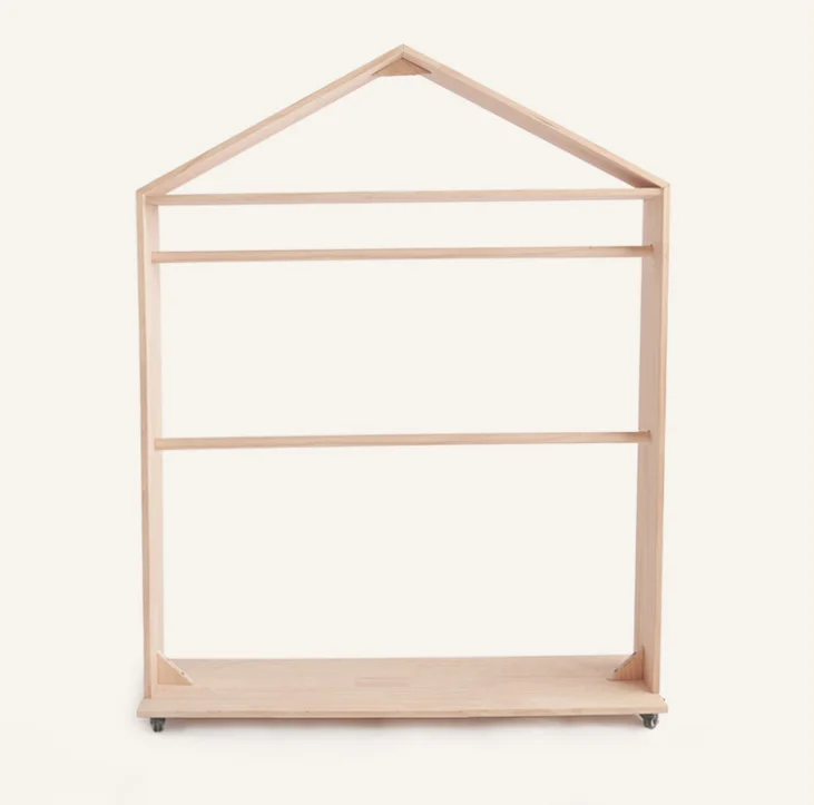 Wholesales Natural Pine Wood Baby Clothes Rack Stand Wooden Movable Clothing Display Shelf For Kids Room