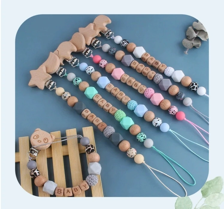 Wholesale Chewable baby wood bead pacifier clips Dummy Silicone Baby Pacifier chain