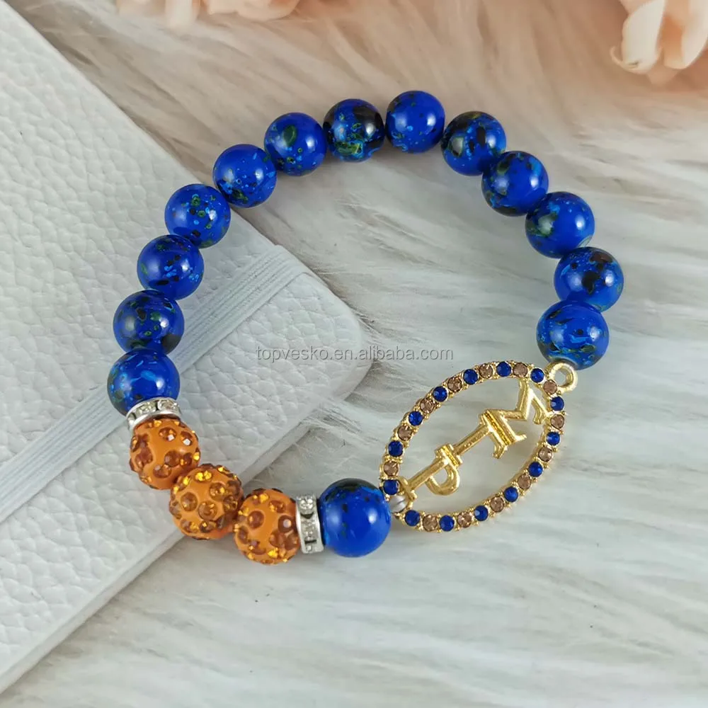 Greek Sorority Organization 1922 Custom Blue String Beaded Bracelets Hand Made Adjustable Imitation Pearl Bracelet