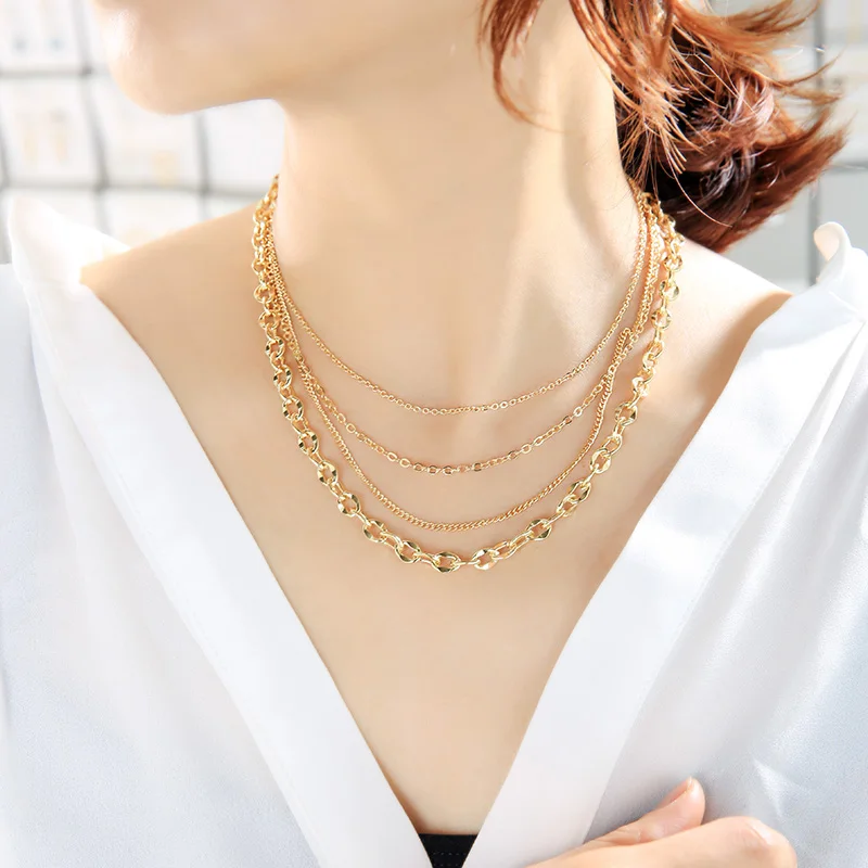 High Quality Wholesale 2021 Cuban Link Chain Jewelry Nickle Lead Free Multilayer Multi Layer Gold Plated Layered Necklace 18K