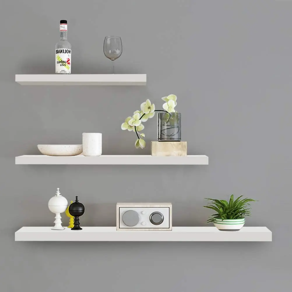 Floating Shelves White Wall Mounted,Wood Wall Shelves for Wall Display Set of 3 Floating Shelves with Brackets,White