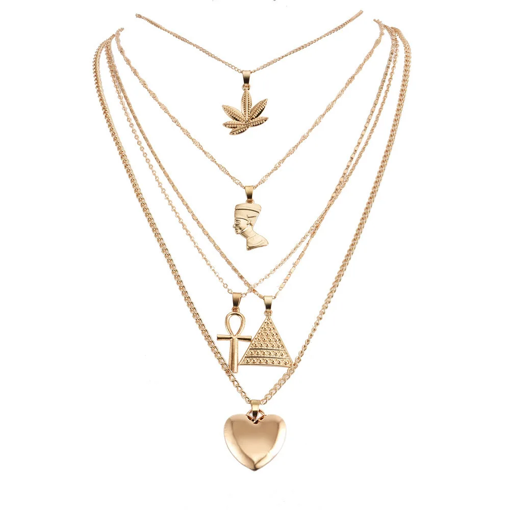 Exaggerated metal maple leaves Egyptian pharaoh yan pyramid heart pendant multi-layer necklace women