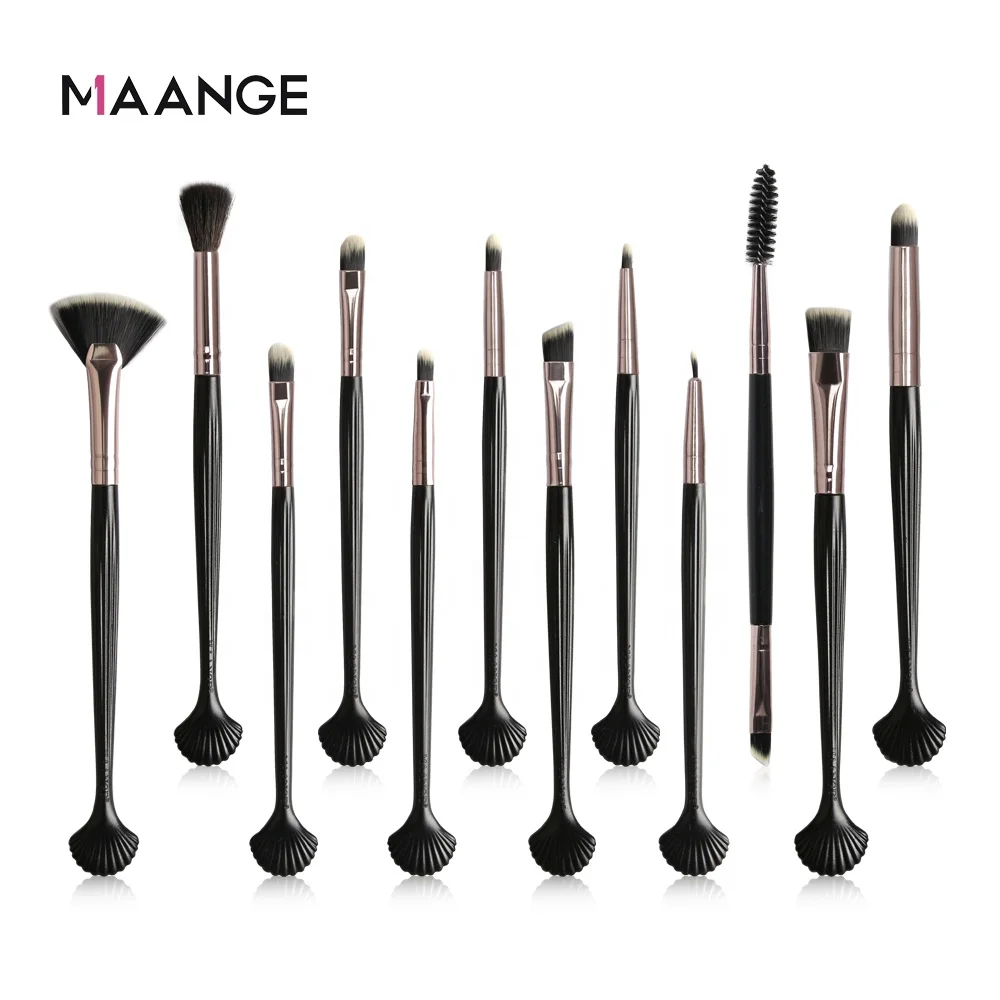 MAANGE 12pcs fish tail vegan makeup brushes soft nylon hair black champagne gold shell cosmetic private label makeup brushes set