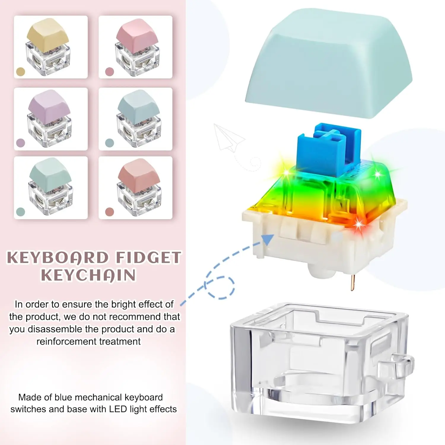 6pcs Keyboard Fidget Keychain with LED Light Keyboard Decompressiion Toys Fidget Button for Adult Gifts to Pass the Time