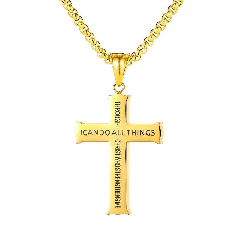 Stainless Steel Men Engraved I Can Do All Things Through Christ Who Strengthens Me Cross Philippians Christian Necklace