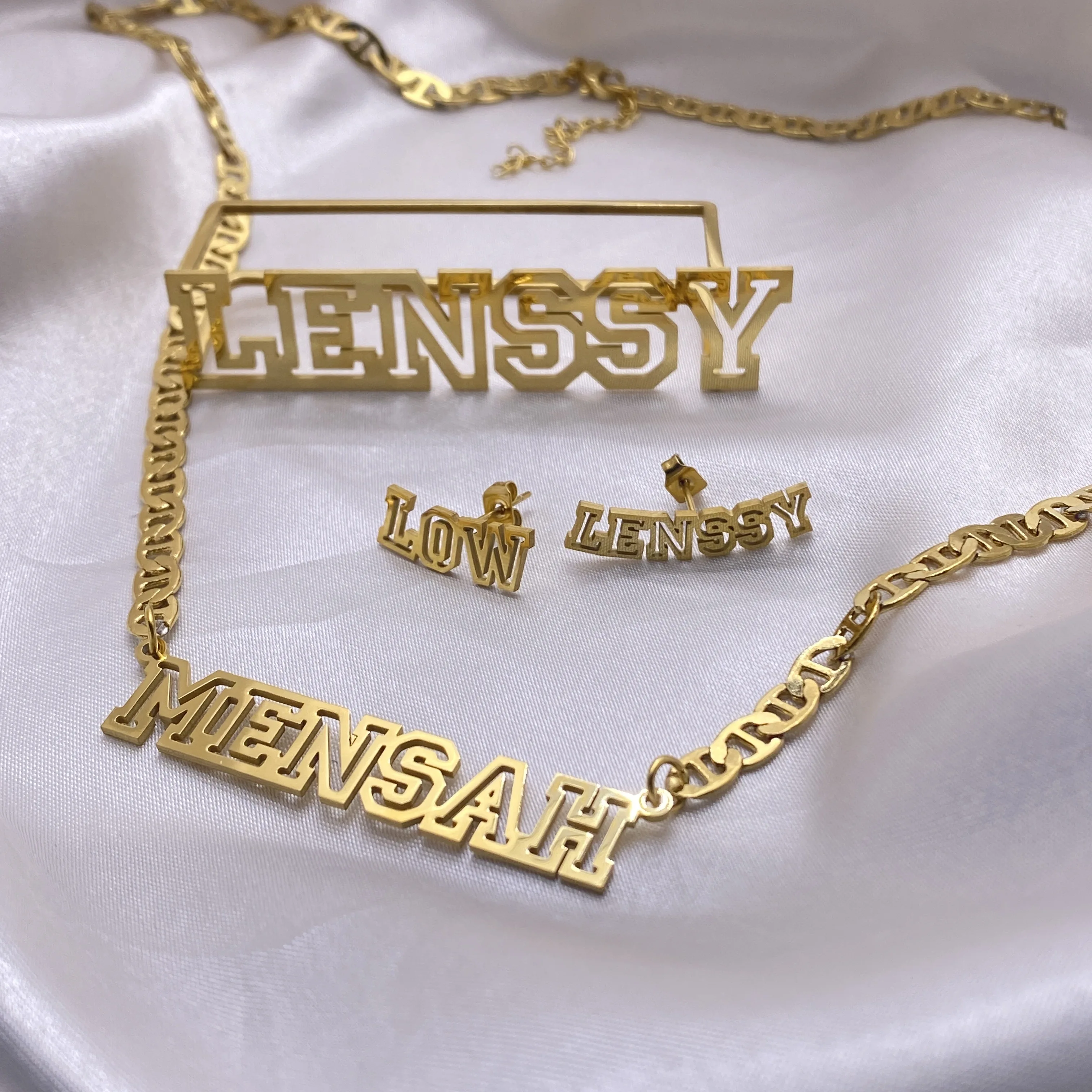 Custom Name Jewelry Sets Women Personalized Flat Chain Necklace Nameplate Three Finger Ring Earrings Stainless Steel Jewelry Set