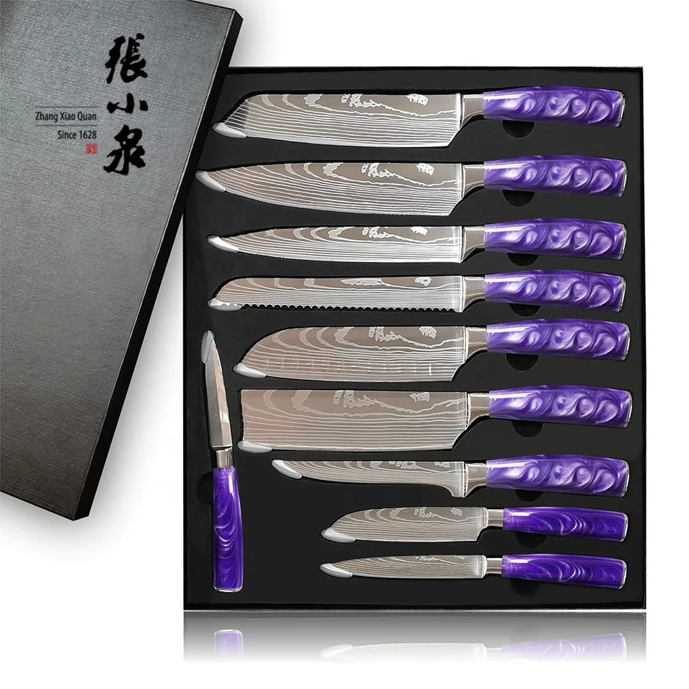 New Ultra Sharp Kitchen Chef Knife Sets Stainless Steel Damascus laser on blade purple resin handle Damascus Knives Sets
