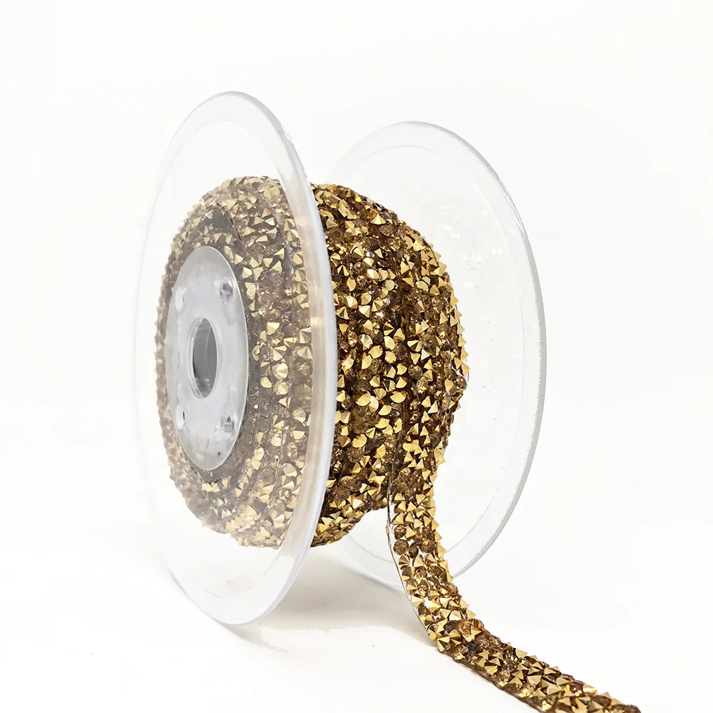 L076 1cm width iron on heat transfer hot fix crystal rock ribbon Gilded bottom crystal  resin rhinestone trimming tape for shoes