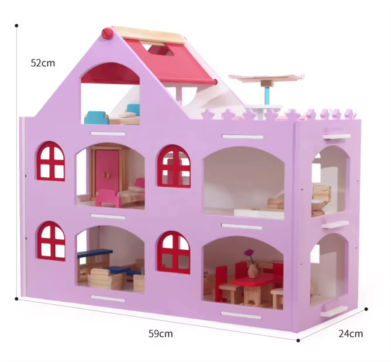 Custom Eco-friendly Paint Pink Big Wooden Dollhouse Furniture Set for Girls